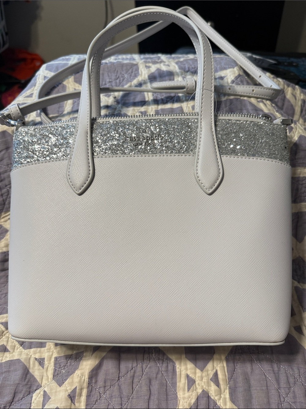 kate spade White Tote with Silver Glitter Accent